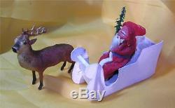 VTG / ANTIQUE 1920S GERMAN COMPOSITION SANTA N SLEIGH W REINDEER CANDY CONTAINER