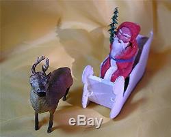 VTG / ANTIQUE 1920S GERMAN COMPOSITION SANTA N SLEIGH W REINDEER CANDY CONTAINER