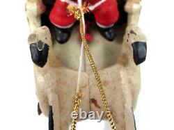 VTG Cast Iron Mechanical Enameled Fireplace Santa in Sleigh Reindeer Pull Toy