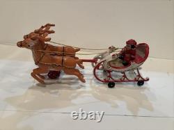 VTG Cast Iron Metal Painted Santa Claus Sleigh Reindeer Rudolph Hubley Style