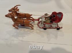 VTG Cast Iron Metal Painted Santa Claus Sleigh Reindeer Rudolph Hubley Style