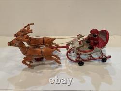 VTG Cast Iron Metal Painted Santa Claus Sleigh Reindeer Rudolph Hubley Style