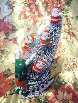 VTG Green Christmas Holly Santa Reindeer Sleigh Bottle Brush Tree Planter Figure