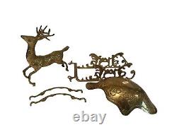 VTG Large Deer Reindeer Leaping Santa Sleigh Etched Brass 19 Long Centerpiece