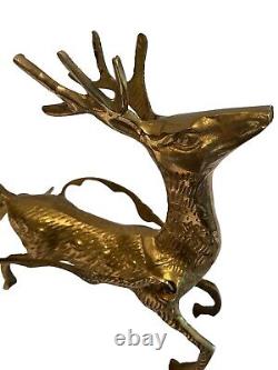VTG Large Deer Reindeer Leaping Santa Sleigh Etched Brass 19 Long Centerpiece