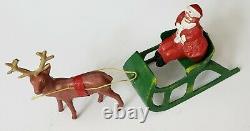 VTG NM LEAD RARE BARCLAY SANTA With TOY BAG ON SLEIGH With REINDEER