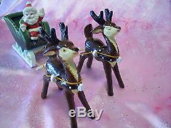 VTG Napco Christmas Santa Green Sleigh & Reindeer with Orig Stickers Figurine EX