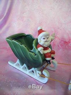 VTG Napco Christmas Santa Green Sleigh & Reindeer with Orig Stickers Figurine EX