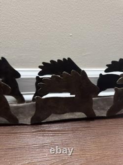 VTG Rustic Large Hand cut Dark Metal Santa Sleigh w Reindeer Candle Holder