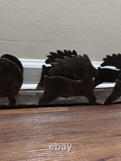 VTG Rustic Large Hand cut Dark Metal Santa Sleigh w Reindeer Candle Holder