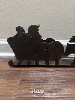 VTG Rustic Large Hand cut Dark Metal Santa Sleigh w Reindeer Candle Holder