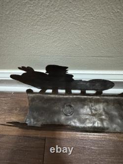 VTG Rustic Large Hand cut Dark Metal Santa Sleigh w Reindeer Candle Holder