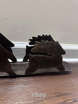 VTG Rustic Large Hand cut Dark Metal Santa Sleigh w Reindeer Candle Holder