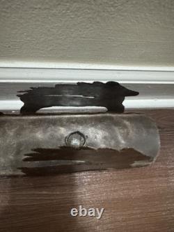 VTG Rustic Large Hand cut Dark Metal Santa Sleigh w Reindeer Candle Holder