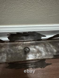 VTG Rustic Large Hand cut Dark Metal Santa Sleigh w Reindeer Candle Holder