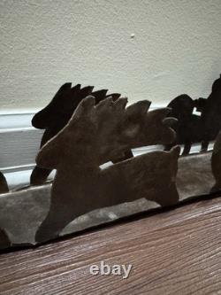 VTG Rustic Large Hand cut Dark Metal Santa Sleigh w Reindeer Candle Holder