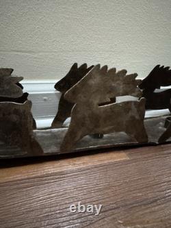 VTG Rustic Large Hand cut Dark Metal Santa Sleigh w Reindeer Candle Holder
