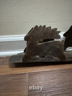 VTG Rustic Large Hand cut Dark Metal Santa Sleigh w Reindeer Candle Holder