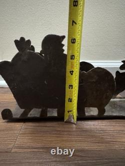 VTG Rustic Large Hand cut Dark Metal Santa Sleigh w Reindeer Candle Holder