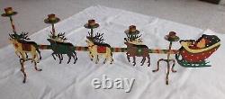 VTG SANTA SLEIGH & REINDEER CANDLE HOLDER 32 x 12 IRON ORIGINAL PAINT