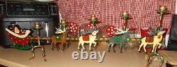 VTG SANTA SLEIGH & REINDEER CANDLE HOLDER 32 x 12 IRON ORIGINAL PAINT