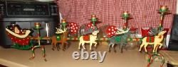 VTG SANTA SLEIGH & REINDEER CANDLE HOLDER 32 x 12 IRON ORIGINAL PAINT