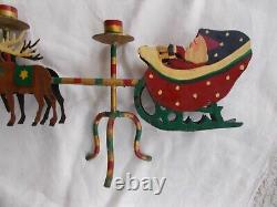 VTG SANTA SLEIGH & REINDEER CANDLE HOLDER 32 x 12 IRON ORIGINAL PAINT