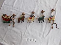 VTG SANTA SLEIGH & REINDEER CANDLE HOLDER 32 x 12 IRON ORIGINAL PAINT