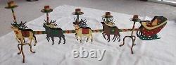VTG SANTA SLEIGH & REINDEER CANDLE HOLDER 32 x 12 IRON ORIGINAL PAINT