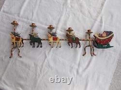 VTG SANTA SLEIGH & REINDEER CANDLE HOLDER 32 x 12 IRON ORIGINAL PAINT