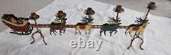 VTG SANTA SLEIGH & REINDEER CANDLE HOLDER 32 x 12 IRON ORIGINAL PAINT