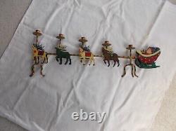 VTG SANTA SLEIGH & REINDEER CANDLE HOLDER 32 x 12 IRON ORIGINAL PAINT