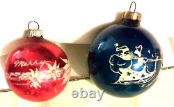 VTG SHINY BRITE Blue Stenciled SANTA SLEIGH WITH SINGLE FILE REINDEER Ornament