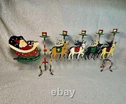 VTG Santa Sleigh & Reindeer Candelabra Hand Painted Christmas Table Decor CL