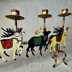 VTG Santa Sleigh & Reindeer Candelabra Hand Painted Christmas Table Decor CL