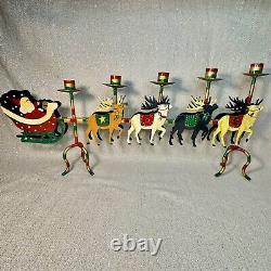 VTG Santa Sleigh & Reindeer Candelabra Hand Painted Christmas Table Decor CL