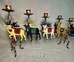 VTG Santa Sleigh & Reindeer Candelabra Hand Painted Christmas Table Decor CL