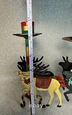 VTG Santa Sleigh & Reindeer Candelabra Hand Painted Christmas Table Decor CL