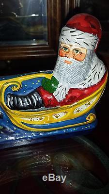 Vaillancourt Folk Art Chalkware 810 10th ANNIVERSARY SANTA IN SLEIGH with REINDEER