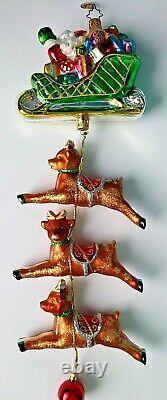 Very Rare Christopher Radko Santa Sleigh 3 Hanging Reindeer 12 Long Must See