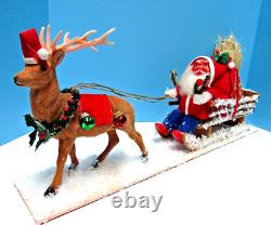 Vintage 1900-1920 German Santa & Sleigh, & Reindeer With Glitz One Of A Kind