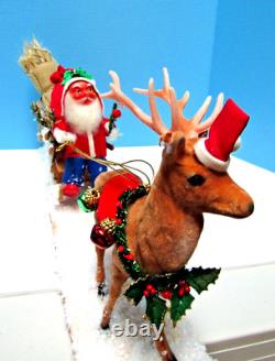 Vintage 1900-1920 German Santa & Sleigh, & Reindeer With Glitz One Of A Kind