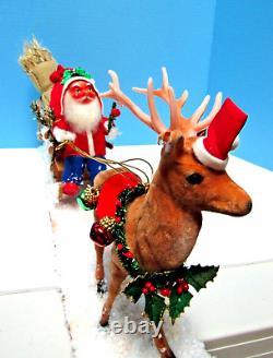 Vintage 1900-1920 German Santa & Sleigh, & Reindeer With Glitz One Of A Kind