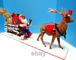 Vintage 1900-1920 German Santa & Sleigh, & Reindeer With Glitz One Of A Kind