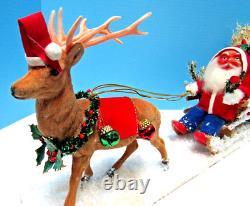 Vintage 1900-1920 German Santa & Sleigh, & Reindeer With Glitz One Of A Kind