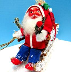 Vintage 1900-1920 German Santa & Sleigh, & Reindeer With Glitz One Of A Kind