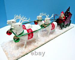Vintage 1935-50 Japan Santa, Wood Sleigh & Reindeer Glitzy One Of A Kind