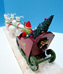 Vintage 1935-50 Japan Santa, Wood Sleigh & Reindeer Glitzy One Of A Kind