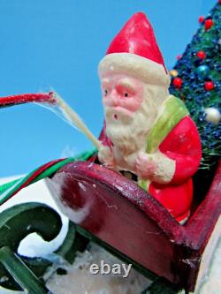 Vintage 1935-50 Japan Santa, Wood Sleigh & Reindeer Glitzy One Of A Kind