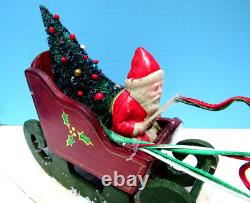 Vintage 1935-50 Japan Santa, Wood Sleigh & Reindeer Glitzy One Of A Kind